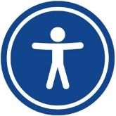 logo dostępności: zarys postaci ludzkiej w okręgu, biały rysunek na niebieskim tle.