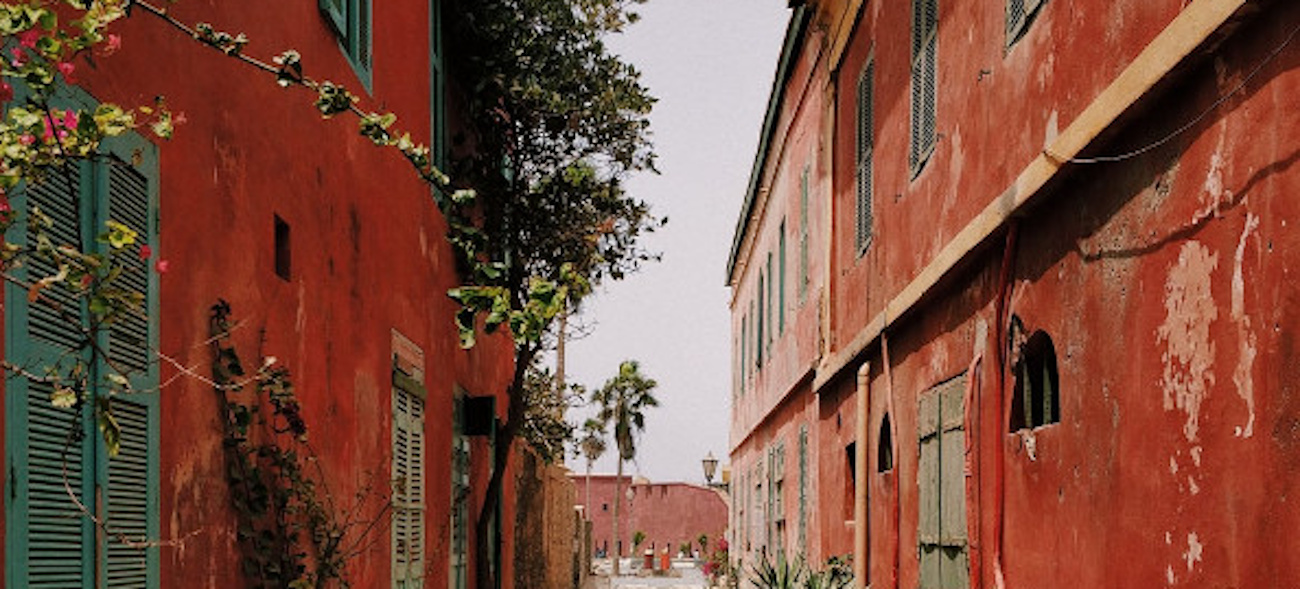 uliczka na wyspie Goree. Czerwone domy po obu stronach uliczki, w tle palma.