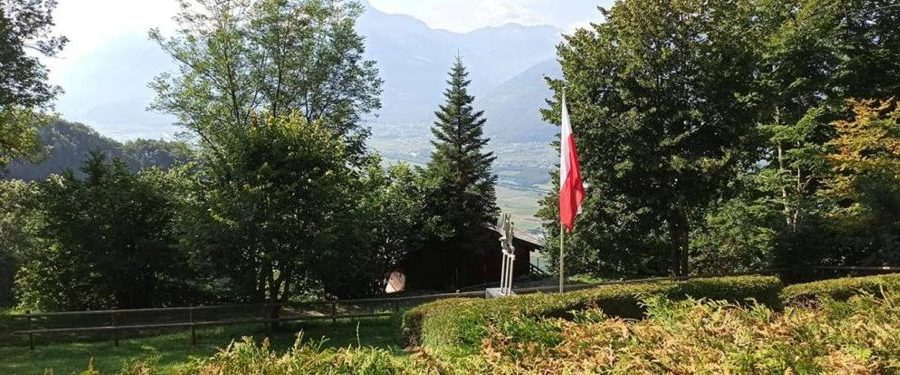 Polska flaga, w tle krajobraz Alp szwajcarskich