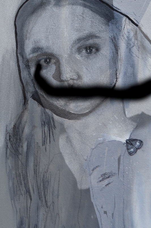 baner wystawy Tashy Katsuby - twarz kobiety częściowo zamazana czarnym sprayem
