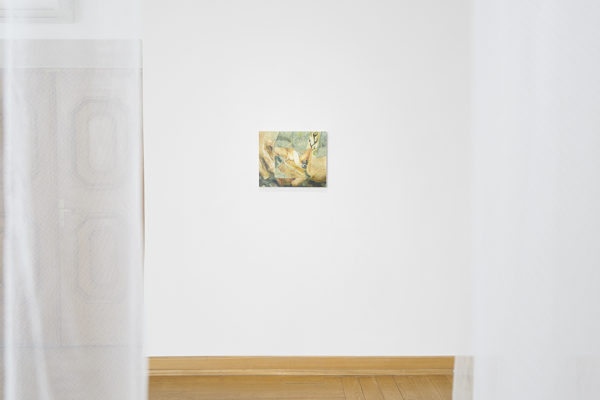 jeden z obrazów B. Kowala umieszczony na białej ścianie, na pierwszym planie, po oby stronach kadru półprzezroczysty materiał