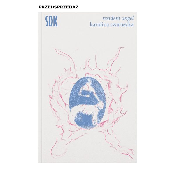 Okładka ksiażki, na niej owalna grafika przedstawiająca kobietę z psem w jasnych kolorach, na fioletowym tle; wokół naszkicowane czerwone płomienie.