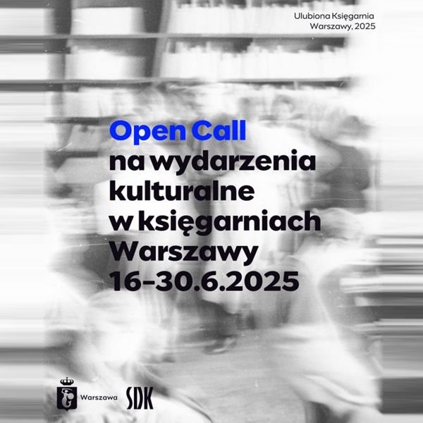 baner z napisem: Open Call na wydarzenia w księgarniach Warszawy oraz data wydarzenia