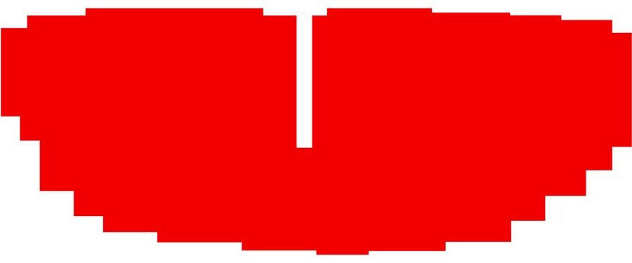 czerwona, kanciasta plama w kształcie rozciągniętej w poziomie litery u, na białym tle