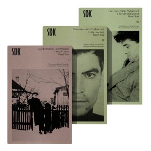 3 okładki tomików poetyckich w kolorach brązu i zieleni