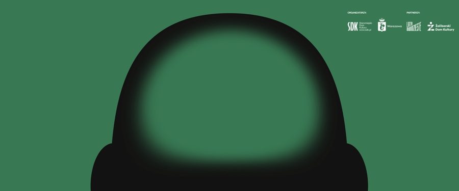 W centrum zarys głowy ludzkiej w kolorze czarnym, w miejscu mózgu kolor zielony, tło zielone