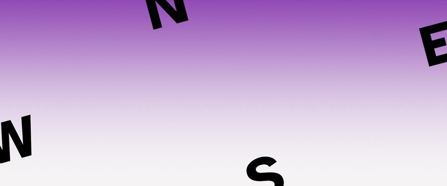 litery NSWE (jak na kompasie) na obrzeżu grafiki, tło fioletowo białe