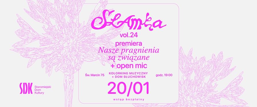 różowe napisy informacyjne o wydarzeniu na szarym tle z różowym motywem roślinnym