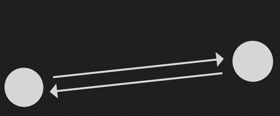 czarne tło, dwa szare koła i dwie strzałki prowadzące między kołami, z przeciwnymi zwrotami