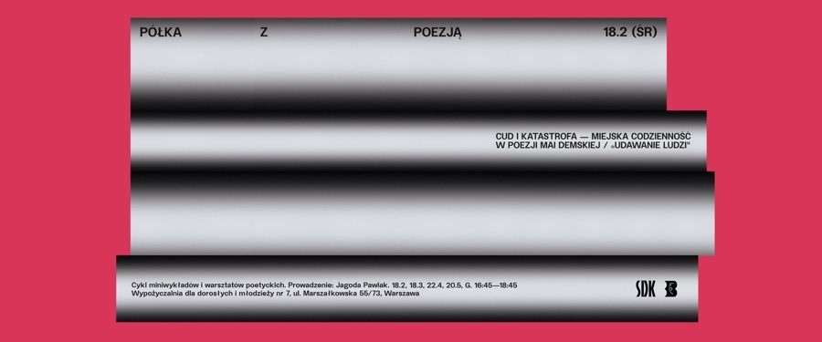 szare pasy imitujące brzegi książek ustawionych w stos, na czerwonym tle, czarne napisy na psach