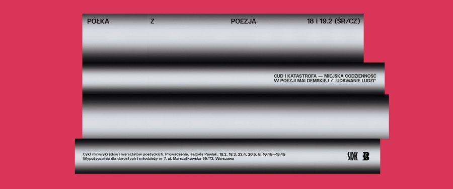 szare pasy imitujące brzegi książek ustawionych w stos, na czerwonym tle, czarne napisy na psach