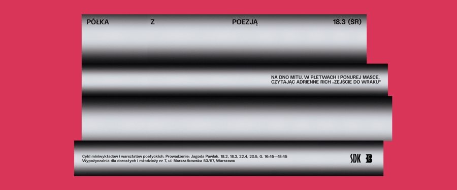 szare pasy imitujące brzegi książek ustawionych w stos, na czerwonym tle, czarne napisy na psach