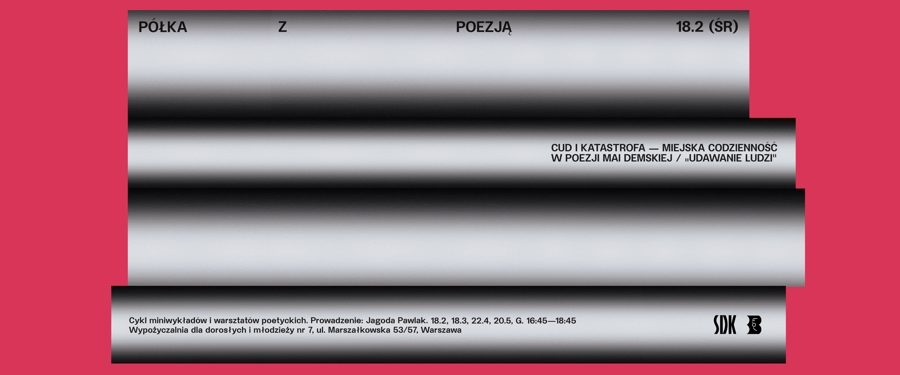 szare pasy imitujące książki ustawione w stos, na czerwonym tle, czarne napisy na psach