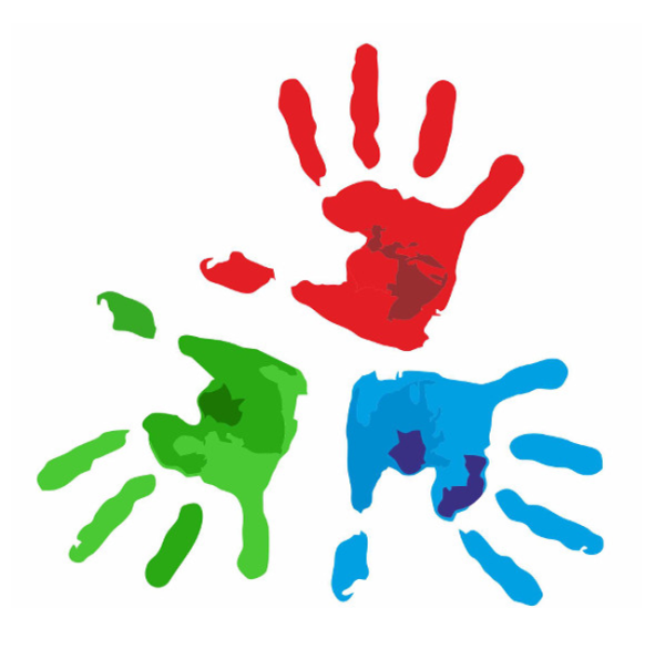 Logotyp klubu wolontariuszy. Odciski w farbie, trzech kolorowych dłoni - zielona, niebieska i czerwona.