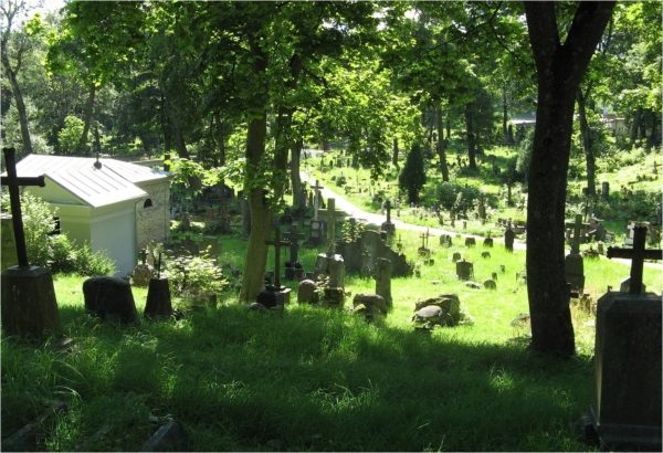 Cmentarz na Kresach. Zdjęcie z pagórka w tle cmentarz, nagrobki w zieleni drzew i traw.